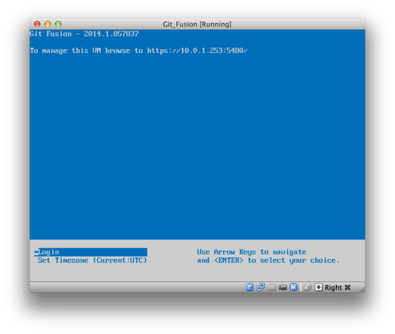 The Git Fusion virtual machine boot screen