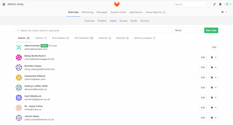 Pantalla de administración de usuarios en GitLab.