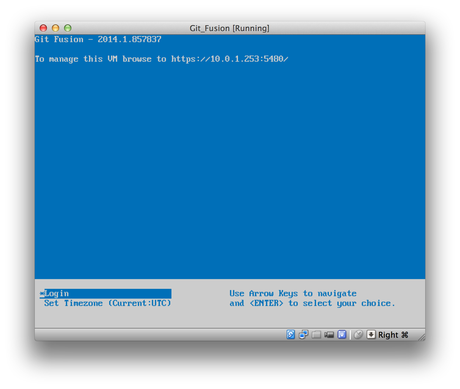 The Git Fusion virtual machine boot screen.