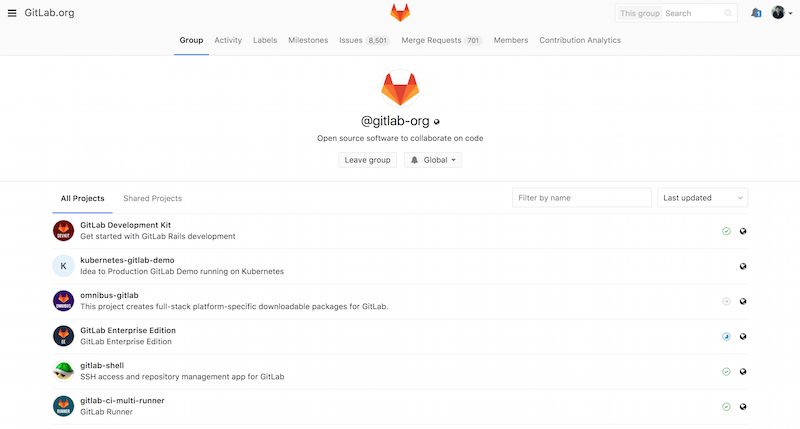 Het GitLab groep beheer scherm.